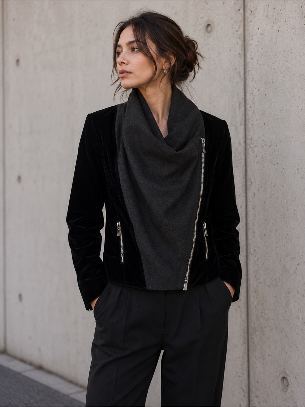 Against Nudity Black and Charcoal Wool and Velvet Jacket Size XS Minimalist Moto